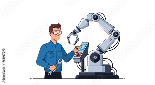 Engineer operating robotic arm with touchscreen control panel and wrench