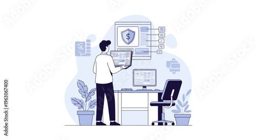 Man analyzing data on laptop in modern office with security shield and charts