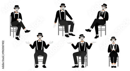 Mime Artists Poses Collection, Classic Performance, Isolated White Background