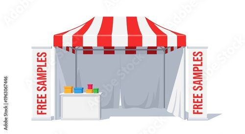 Outdoor Market Stall with Free Samples Banners and Colorful Products