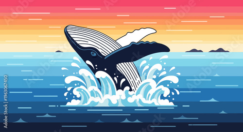 Pixel Art Whale Breaching Ocean Waves at Sunset
