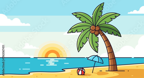 Pixel Art Beach Sunset with Palm Tree, Umbrella, and Beach Ball