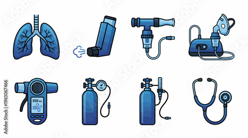 Respiratory Health Medical Vector Icons | Lungs, Inhaler, Nebulizer, Mask, Spirometer, Oxygen Tank, Flow Meter, Stethoscope | Asthma COPD Treatment Clipart Vector