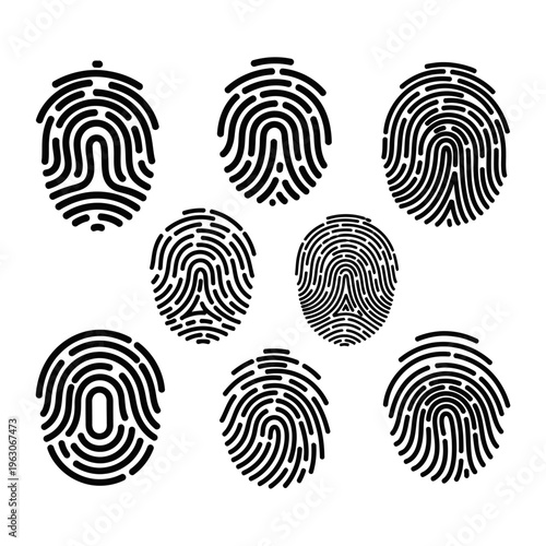 Set of Black Fingerprint Icons on White Background - Identity and Security Concept