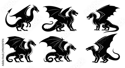 Set of Black Dragon Silhouettes, Mythical Creatures with Wings, Fantasy Art