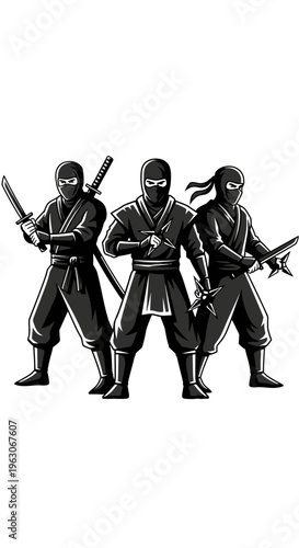 Three Ninjas Standing Ready with Swords and Shurikens, Pixel Art Style