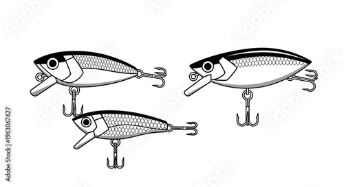 Three realistic fishing lures, designed to mimic baitfish, isolated on white background.