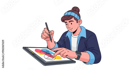 Young artist drawing on tablet, digital art creation, creative process, modern illustration