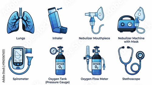 Respiratory Health Medical Vector Icons | Lungs, Inhaler, Nebulizer, Mask, Spirometer, Oxygen Tank, Flow Meter, Stethoscope | Asthma COPD Treatment Clipart Vector