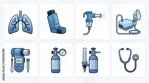 Respiratory Health Medical Vector Icons | Lungs, Inhaler, Nebulizer, Mask, Spirometer, Oxygen Tank, Flow Meter, Stethoscope | Asthma COPD Treatment Clipart Vector