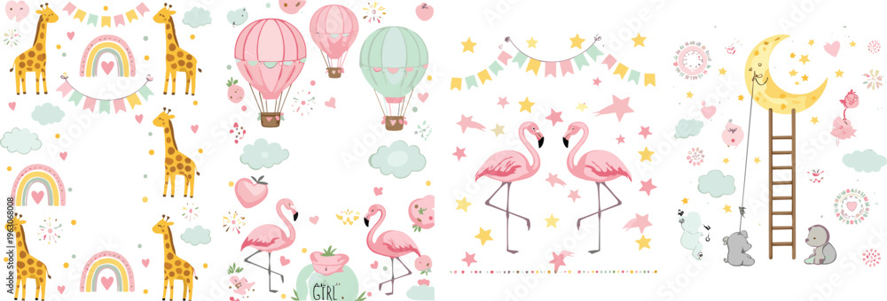 Obraz premium Cute nursery vector set with giraffes, flamingos, rainbows, hot air balloons, moon and baby animals in soft pastel cartoon illustration style