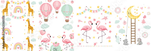 Cute nursery vector set with giraffes, flamingos, rainbows, hot air balloons, moon and baby animals in soft pastel cartoon illustration style
