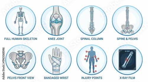 Human Anatomy Medical Vector Icons | Skeleton, Knee Joint, Spinal Column, Pelvis, Bandaged Wrist, Injury Points, X-Ray Film | Healthcare Education Clipart Vector