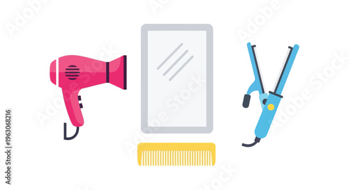 Hair styling tools flat lay in colorful minimalist illustration for beauty blog