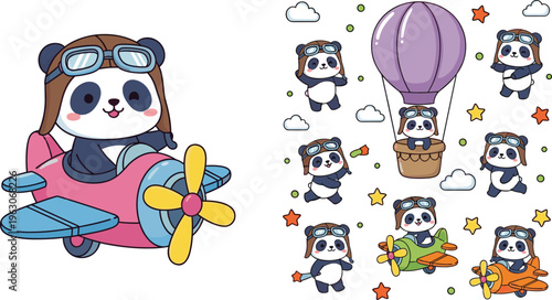 Cute panda pilot vector set with cartoon panda flying airplane, hot air balloon and aviation elements in playful kids illustration style