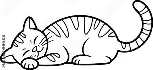 A cute cartoon tabby cat sleeping peacefully in a simple black and white line art style