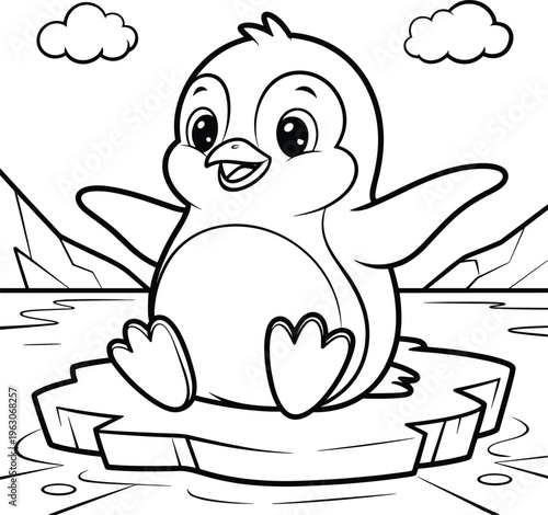 A cute little cartoon penguin sitting on an ice floe for children coloring