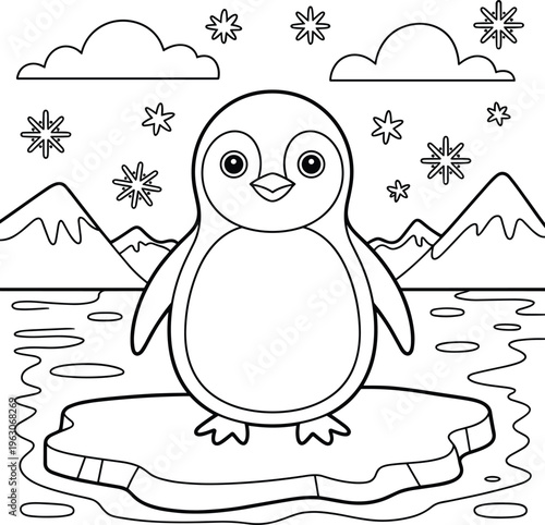 A cute little penguin standing on an ice floe for children coloring page