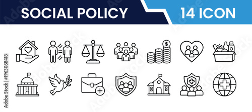 Outline Social Policy Icon Set in Line Art Style for Welfare, Equality, Human Rights, Social Support, Government Programs, and Digital Interface Design