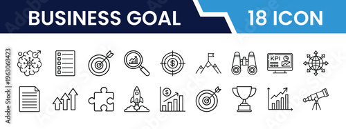 Outline Business Goal Icon Set in Line Art Style for Target, Strategy, Planning, Growth, Success, Achievement, and Digital Interface Design