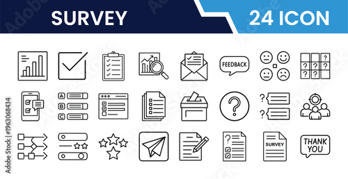 Outline Survey Icon Set in Line Art Style for Questionnaire, Feedback, Rating, Poll, Checklist, Data Analysis, and Digital Interface Design