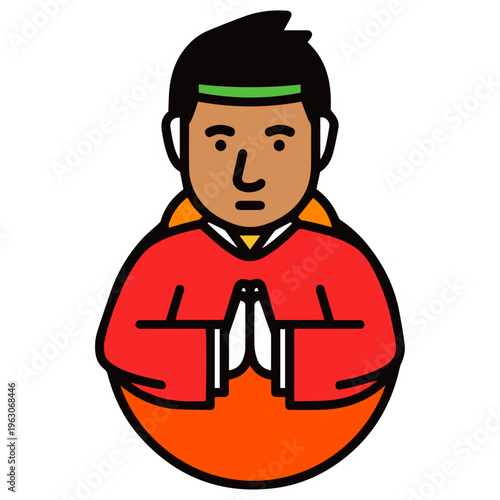 Cute cartoon boy in red hoodie doing Namaste greeting or prayer pose. Indian kid, welcome gesture, meditation, children vector illustration.