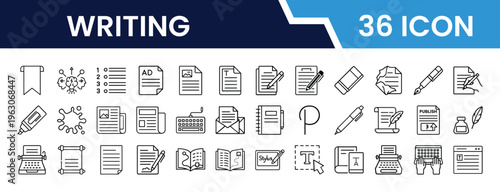 Outline Writing Icon Set in Line Art Style for Pen, Pencil, Notebook, Document, Typing, Editing, Blogging, and Digital Interface Design