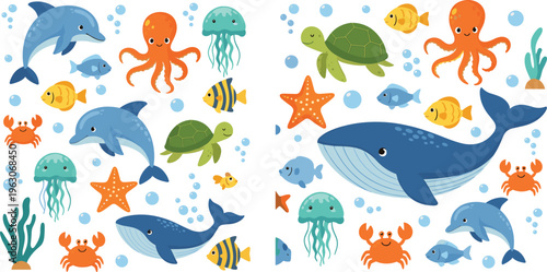 Cute sea animals vector set with whale, dolphin, octopus, turtle, crab and colorful marine life in playful cartoon flat illustration style