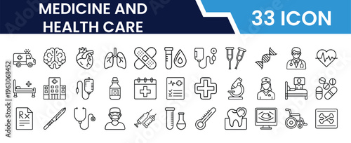 Outline Medicine and Health Care Icon Set in Line Art Style for Hospital, Doctor, Nurse, Pharmacy, First Aid, Medical Equipment, and Digital Interface Design