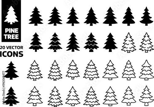 Pine Tree Vector Icons Set Isolated on White Background
