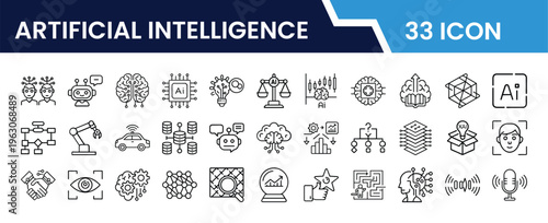 Outline Artificial Intelligence Icon Set in Line Art Style for Machine Learning, Robotics, Neural Networks, Automation, AI Technology, Data Processing, and Digital Interface Design