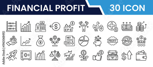 Outline Financial Profit Icon Set in Line Art Style for Money, Revenue, Earnings, Investment, Business Growth, Profit, and Digital Interface Design