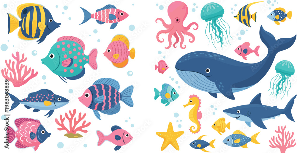 Fototapeta premium Cute underwater sea animals vector set with colorful fish, whale, octopus, shark, jellyfish and coral reef elements in cartoon flat illustration style