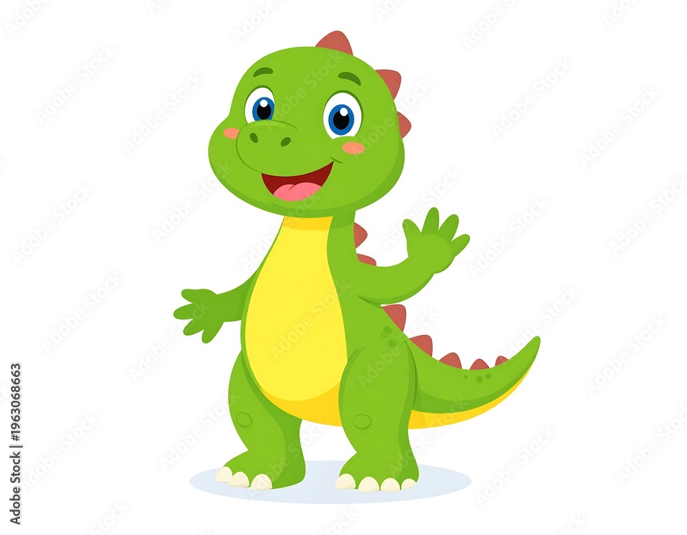 Fototapeta premium Cartoon-style friendly baby dinosaur waving cheerfully