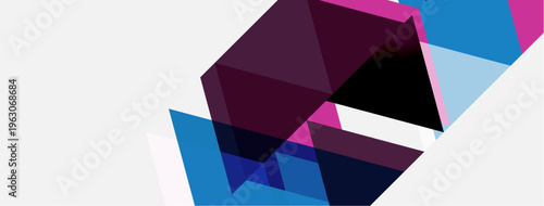 Abstract geometric shapes overlap, creating dynamic composition. Purple, blue hues dominate white background. Modern design elements present.