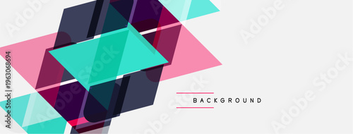 Abstract geometric shapes overlap, creating dynamic visual texture. Pink, teal, purple hues dominate white space. Modern design element.