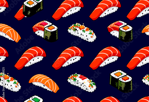 Vibrant seamless pattern featuring various types of fresh sushi rolls on a dark background for japanese restaurant menus creative food packaging and fun textiles.