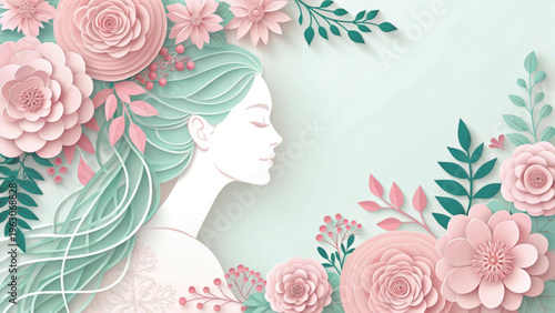 modern feminine silhouette with botanical paper-cut elements, soft pink elegant canvas background
