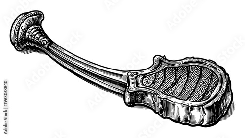 Detailed black and white sketch illustration of an elegant acoustic guitar for music logos live concert posters and artistic musical instrument design.