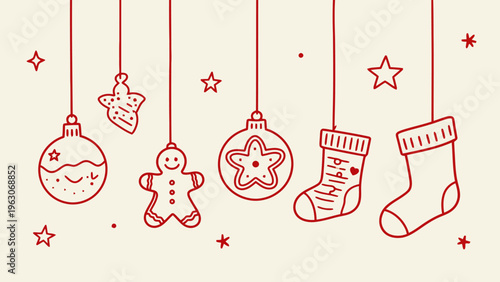 Festive illustration of hanging gingerbread cookies and stockings for cute winter holiday decorations sweet christmas greeting cards and seasonal baking design.