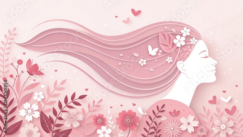 modern feminine silhouette with botanical paper-cut elements, soft pink elegant canvas background
