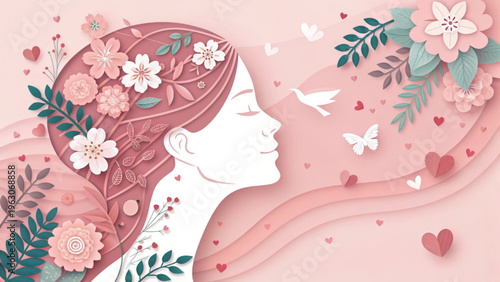 modern feminine silhouette with botanical paper-cut elements, soft pink elegant canvas background
