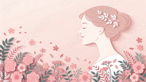 modern feminine silhouette with botanical paper-cut elements, soft pink elegant canvas background
