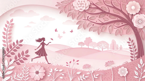 modern feminine silhouette with botanical paper-cut elements, soft pink elegant canvas background

