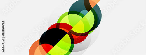 Abstract colorful circles overlap, creating dynamic visual composition. Bright hues blend, forming interesting shapes. Modern design element.