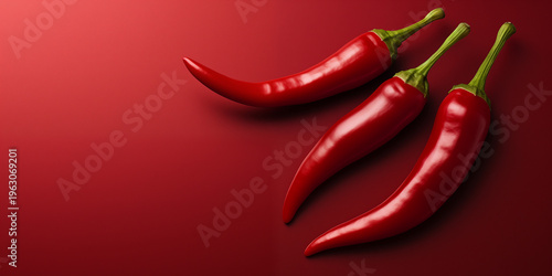 Top view composition of fresh red chili peppers on a smooth deep red background. Clean and minimal composition with strong color contrast and generous copy space
