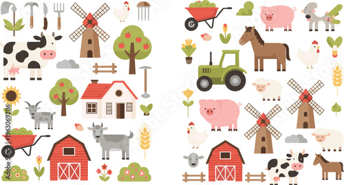 Farm life vector set with animals, tractor, barn, windmill, crops and rural agriculture elements in colorful flat cartoon illustration style