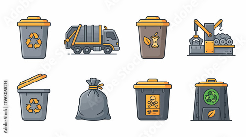Waste Management Recycling Vector Icons | Garbage Truck, Compost Bin, Trash Bag, Recycling Machine, Hazardous Waste Bin, Green Bin, Yellow Bin, Environmental Sustainability Vector