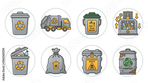 Waste Management Recycling Vector Icons | Garbage Truck, Compost Bin, Trash Bag, Recycling Machine, Hazardous Waste Bin, Green Bin, Yellow Bin, Environmental Sustainability Vector