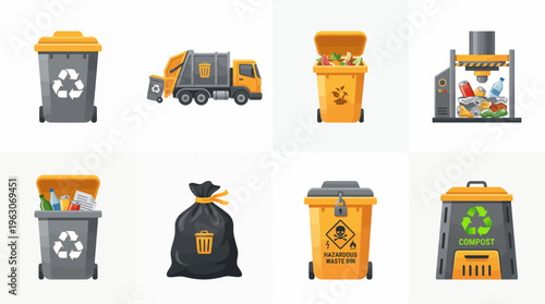Waste Management Recycling Vector Icons | Garbage Truck, Compost Bin, Trash Bag, Recycling Machine, Hazardous Waste Bin, Green Bin, Yellow Bin, Environmental Sustainability Vector